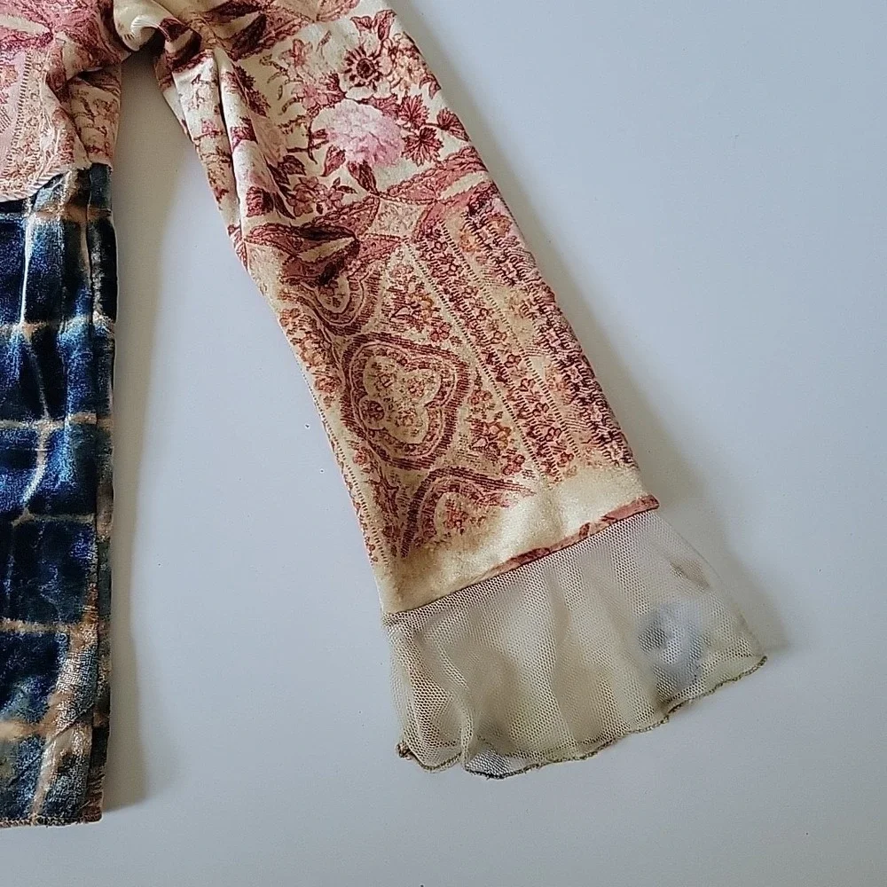 Little Mass Vintage Girls Medium Velour Top Mixed Block Print Ruffle Boho Hippie